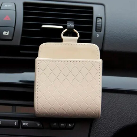 New Cream Car Air Vent Hanging Storage Bag Faux Leather with a Quilted Design - Picture 1 of 5